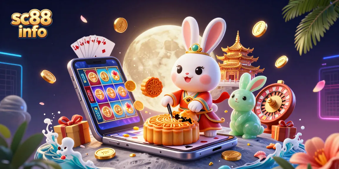 Engage with sc88 info as the moon rabbit reveals poker chips from mooncakes in a vibrant casino scene.