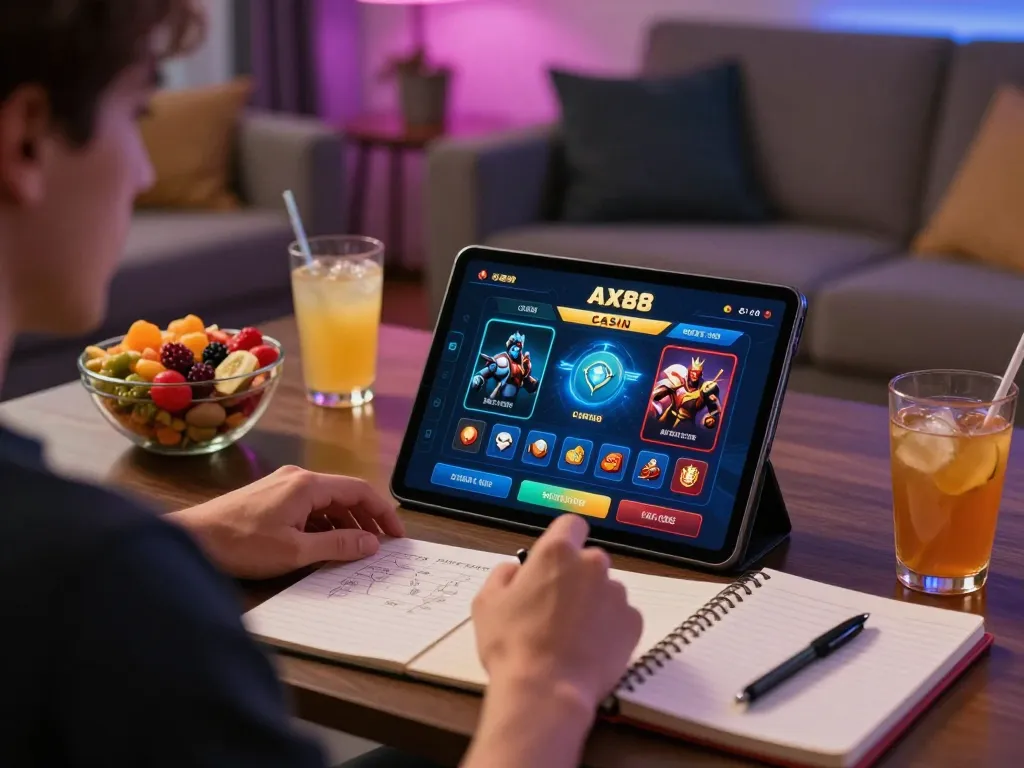 Enjoying online gaming with AX88 com app on tablet in cozy living room setting