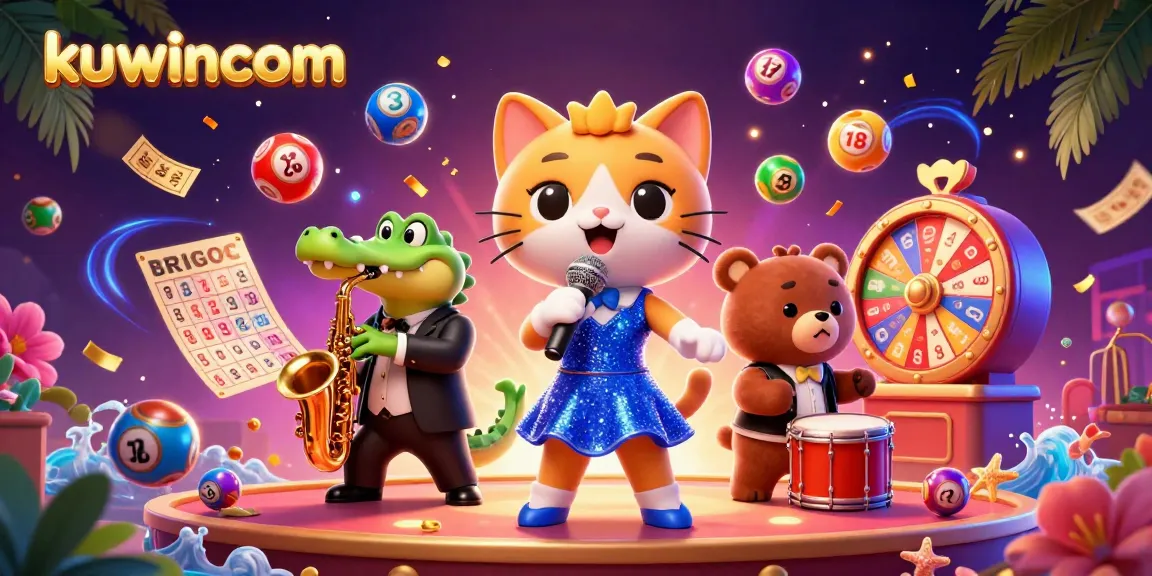 Kuwincom showcases an exciting casino scene featuring a jazz-singer cat, saxophone crocodile, and drum-playing bear amidst dynamic lottery elements.