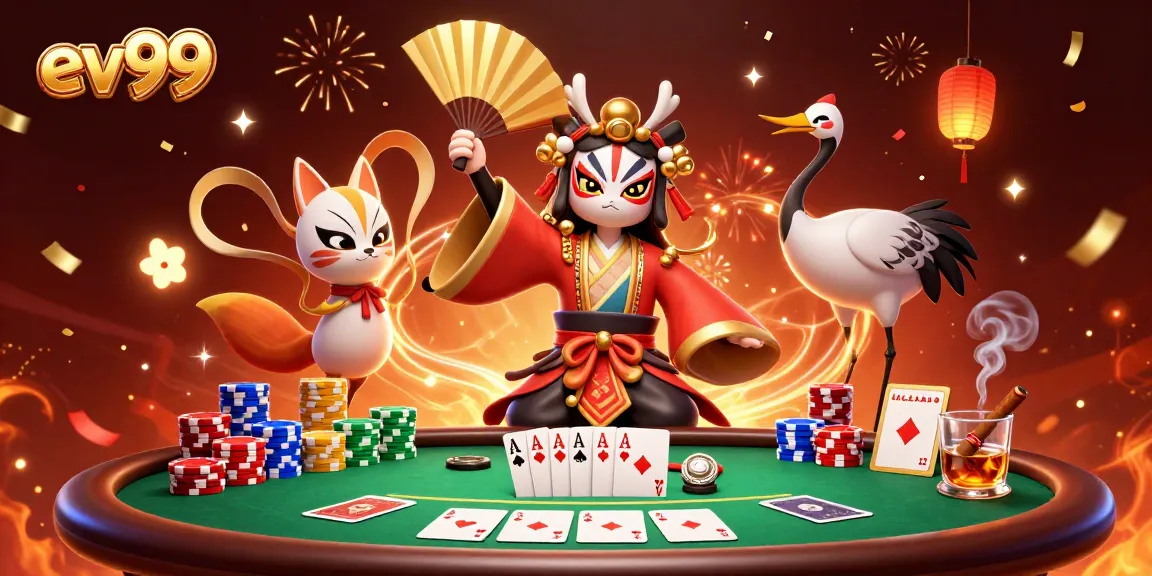 Engage with ev99's vibrant 3D casino scene featuring poker action and dynamic characters.
