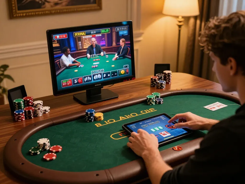 OK365 user actively playing online poker on tablet, showcasing engaging gameplay.