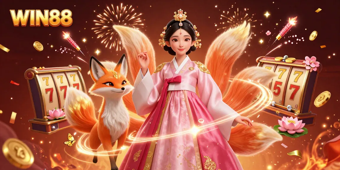 Experience thrilling gameplay at WIN88 with a lucky nine-tailed fox and festive elements surrounding the scene.