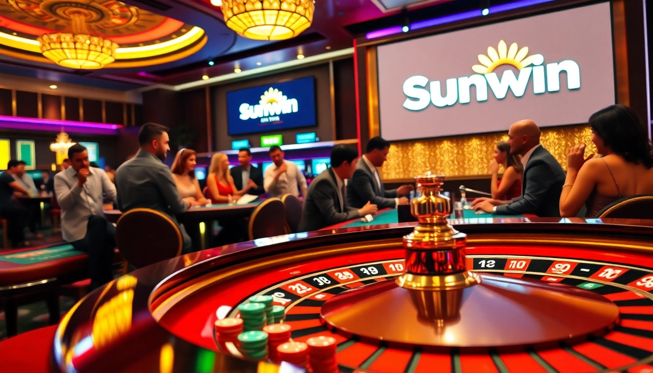 Experience thrilling gameplay at sunwin with roulette, poker chips, and vibrant casino lights.