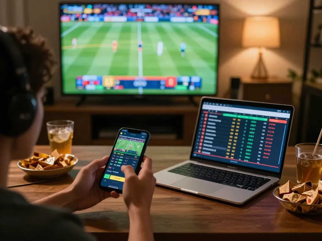 Person engaged in live sports betting on mobile device with vsbet app, surrounded by gaming strategy notes and snacks.