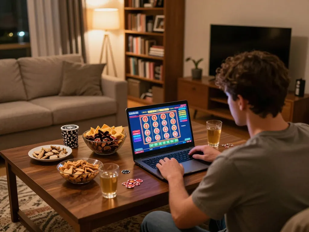 Playing 79king bet online in a cozy home setting with vibrant game interface and engaging atmosphere