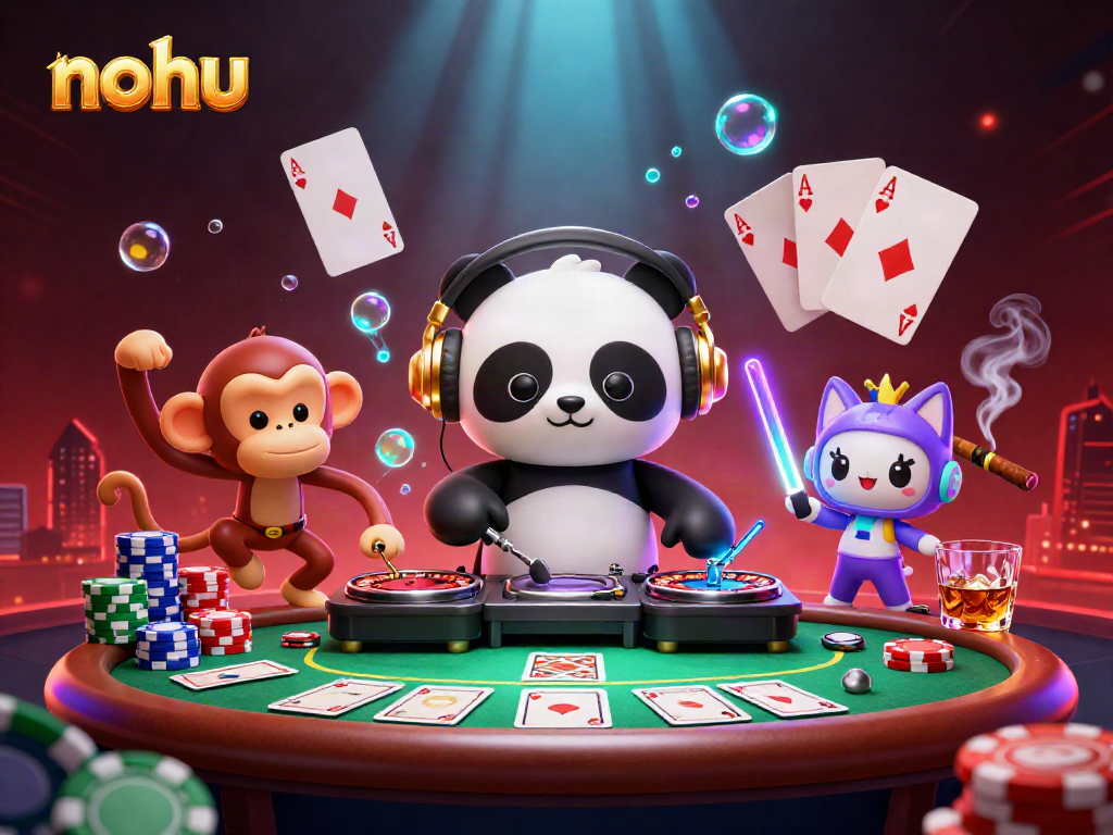 Engage with nohu's lively 3D casino scene featuring a DJ panda, dancing monkey, and glowing kitten.