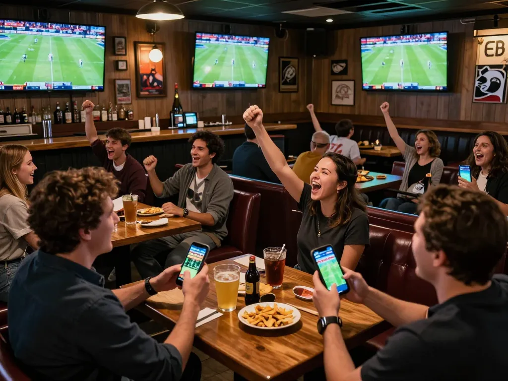 Fans celebrating footballl events while actively betting in a lively sports bar.