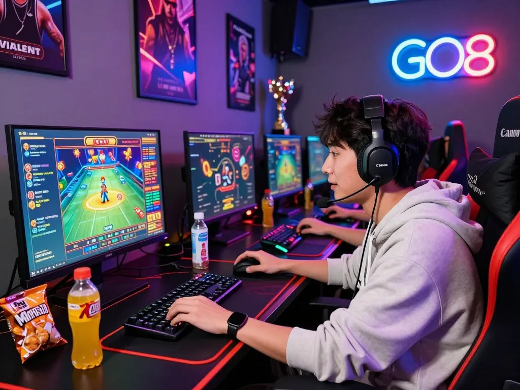 Engaged player at a vibrant gaming setup showcasing https://go8.center/ with colorful lights and competitive atmosphere.