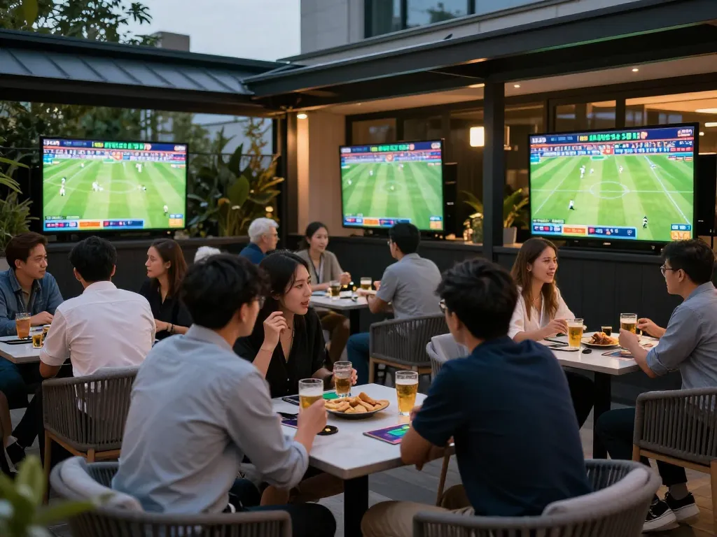 Taisunwin sports betting event with friends analyzing odds and strategies at a lively outdoor terrace