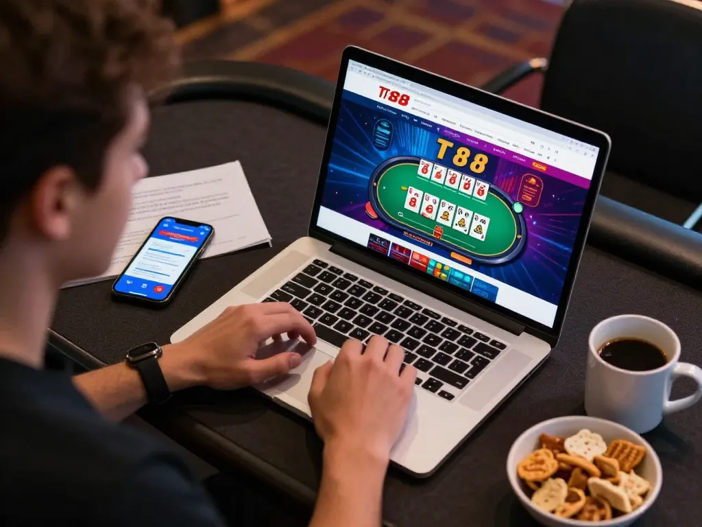 Player engaging with TT88 online casino app on laptop at cozy home gaming setup.