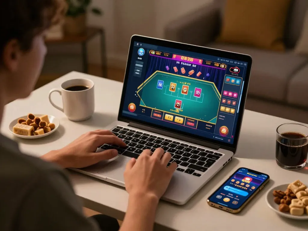 Link truy cập TA88 with a person enjoying online casino gaming at home.