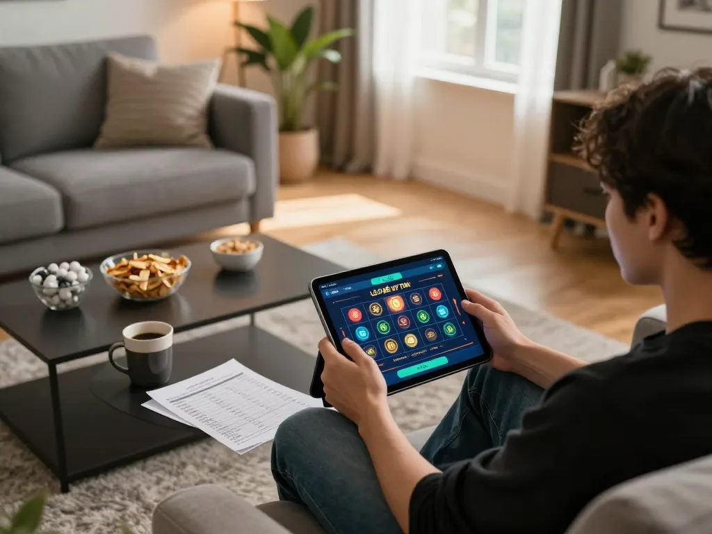 Lô Đề Uy Tín app interface displayed on tablet, showing online betting options in a cozy home setting
