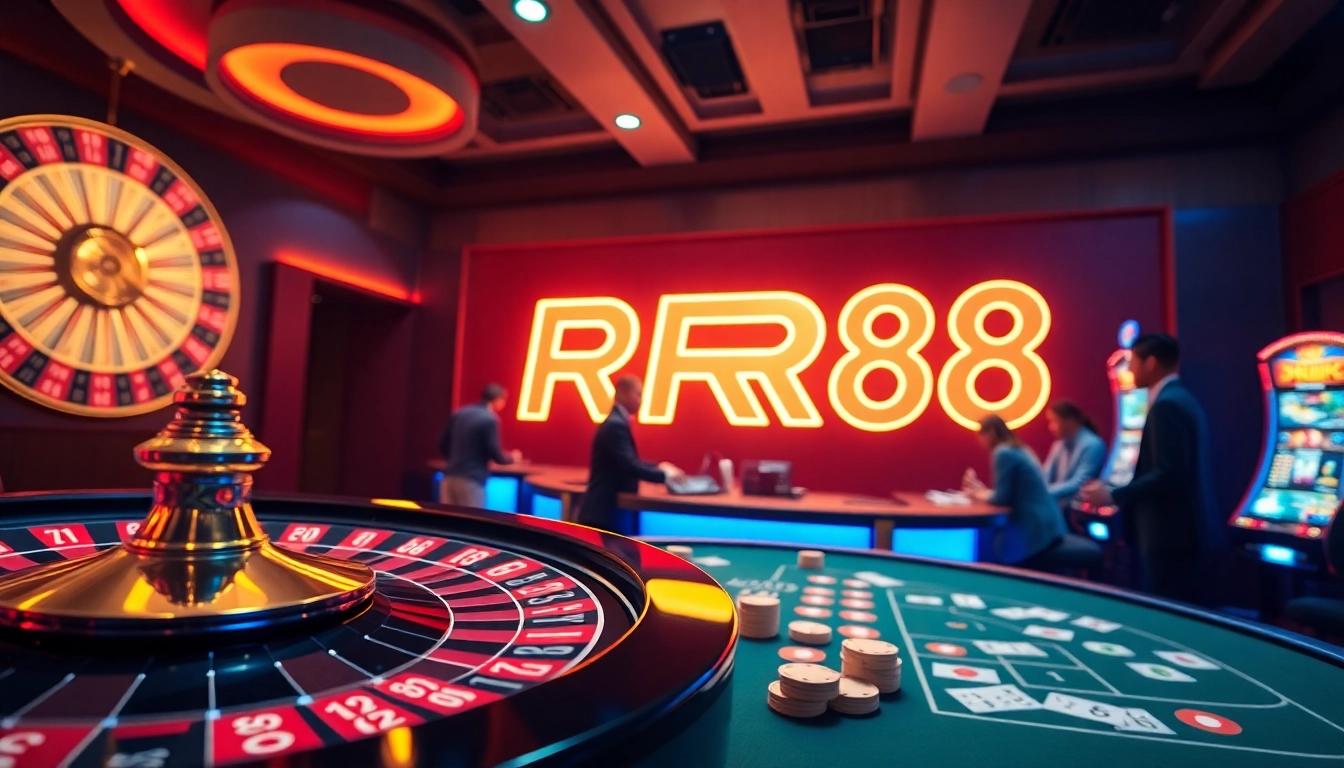 Players enjoying thrilling games at RR88 casino with vibrant roulette and poker tables.