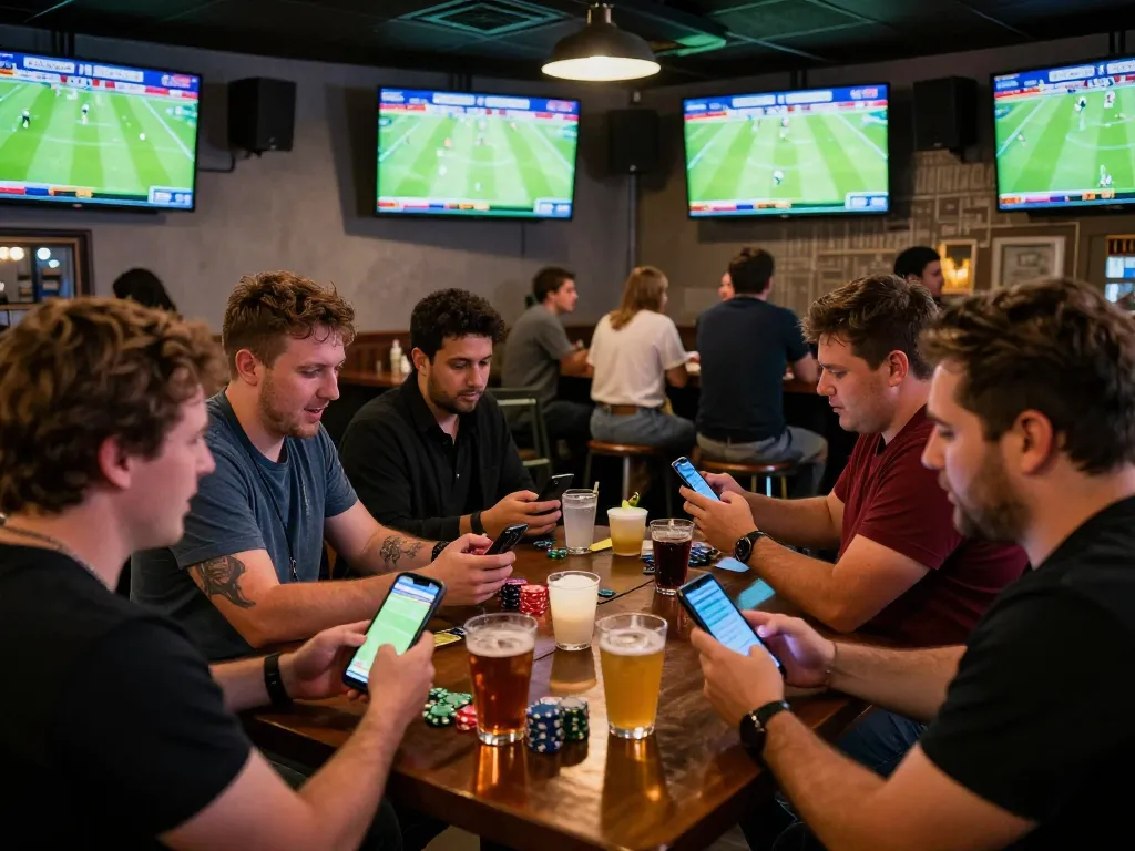Exciting sports betting at nhandinhkeonhacai with patrons placing bets on mobile devices.