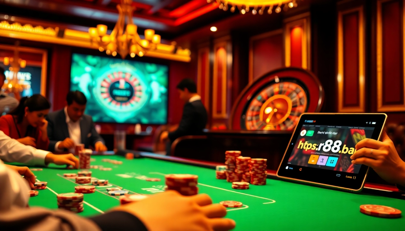 Experience the excitement of gambling at https://rr88.bar/ with luxurious casino visuals, featuring poker tables and vibrant gaming elements.