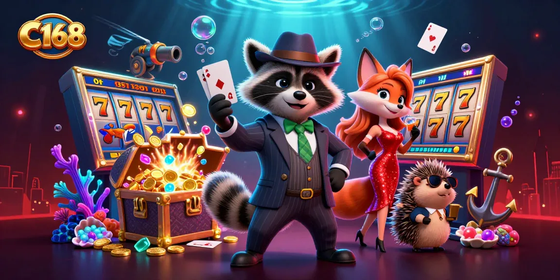 C168 showcases a suave raccoon and friends amid vibrant slot game elements, immersing players in a casino adventure.