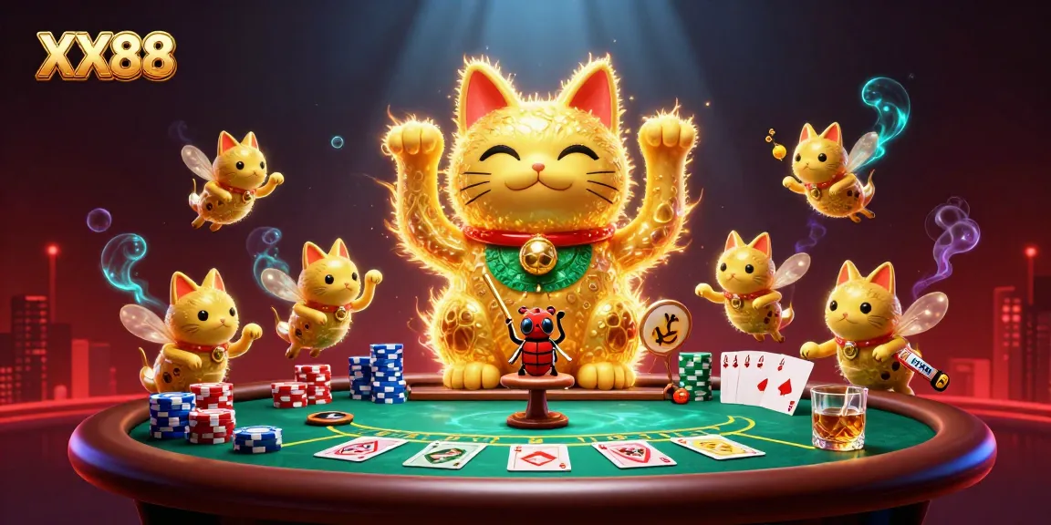 Engaging scene showing the XX88 lucky cat symbol amidst poker elements and vibrant casino activities.