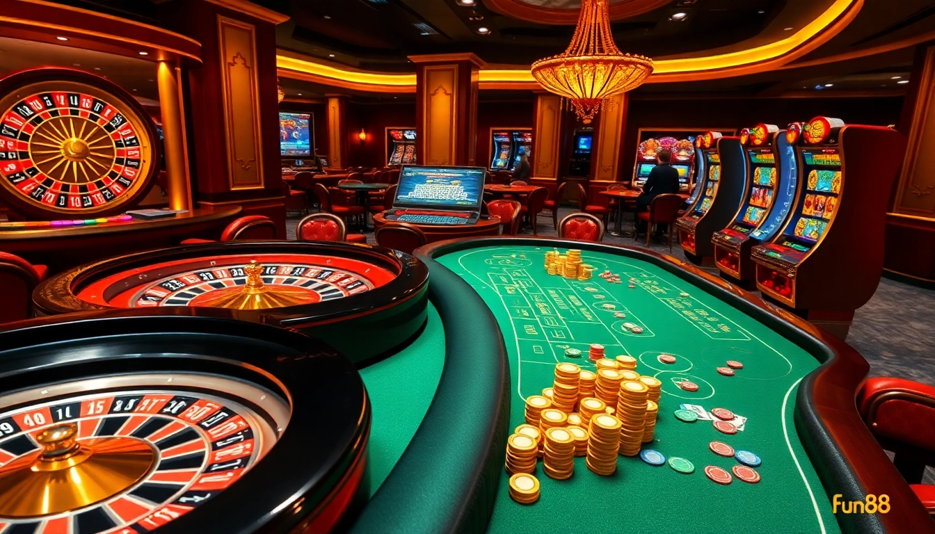 Engaging Fun88 gamblers in an exciting online casino environment with roulette and poker.