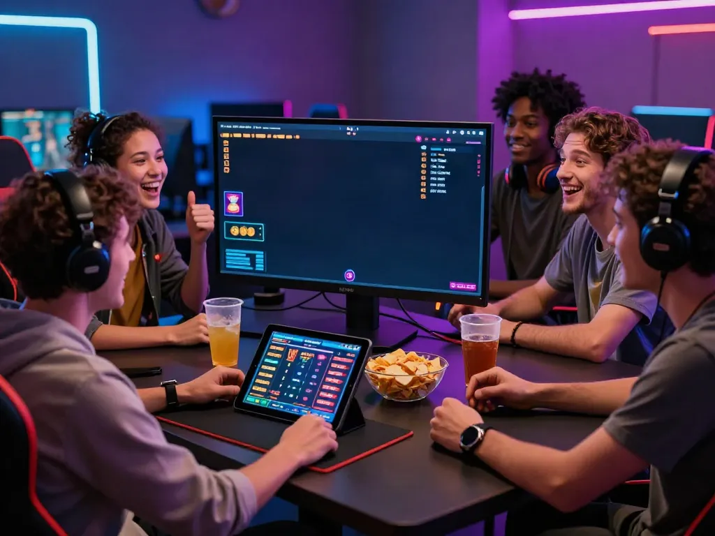 The da88 online gaming experience showcases friends engaging with casino games, a vibrant atmosphere filled with excitement.