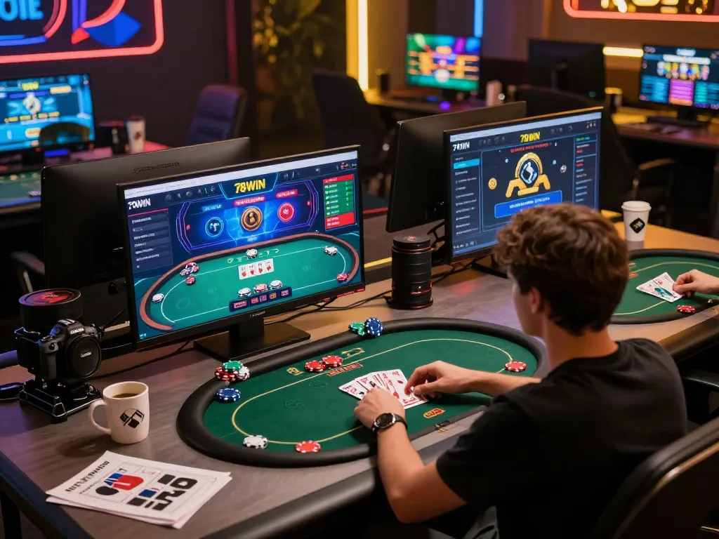 Engage in exciting gameplay at 78WIN with dynamic poker actions across multiple screens in a cozy home environment.
