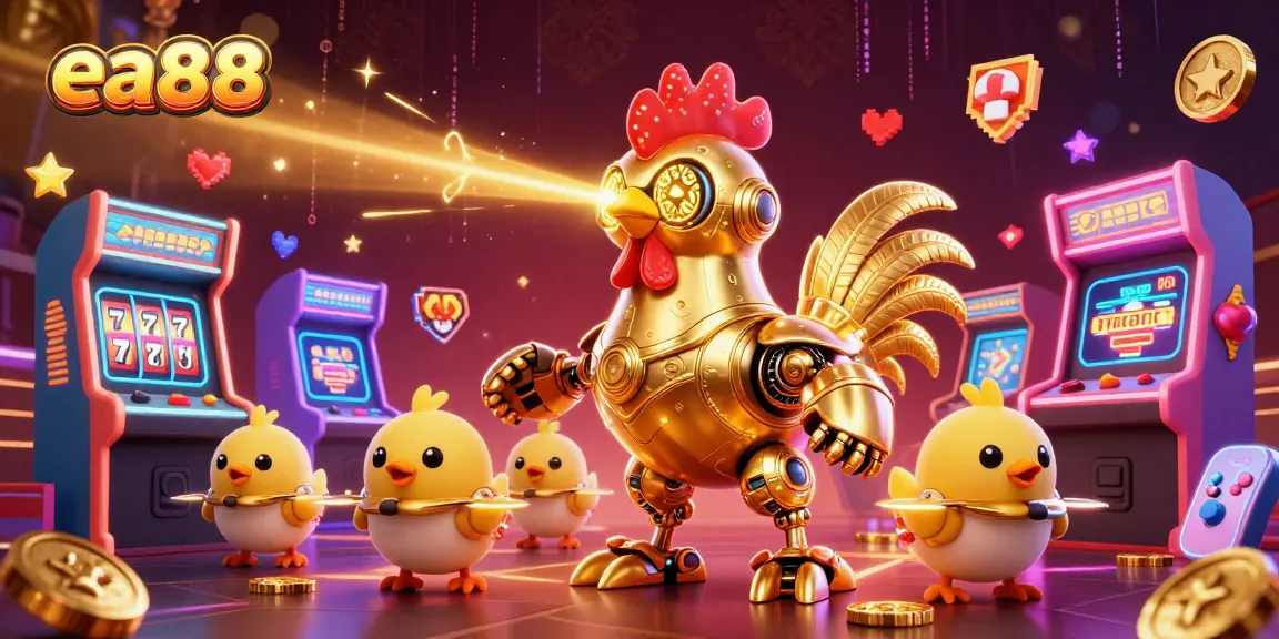Experience thrilling gameplay at ea88 with a golden rooster robot leading baby chick drones in a dynamic casino scene.