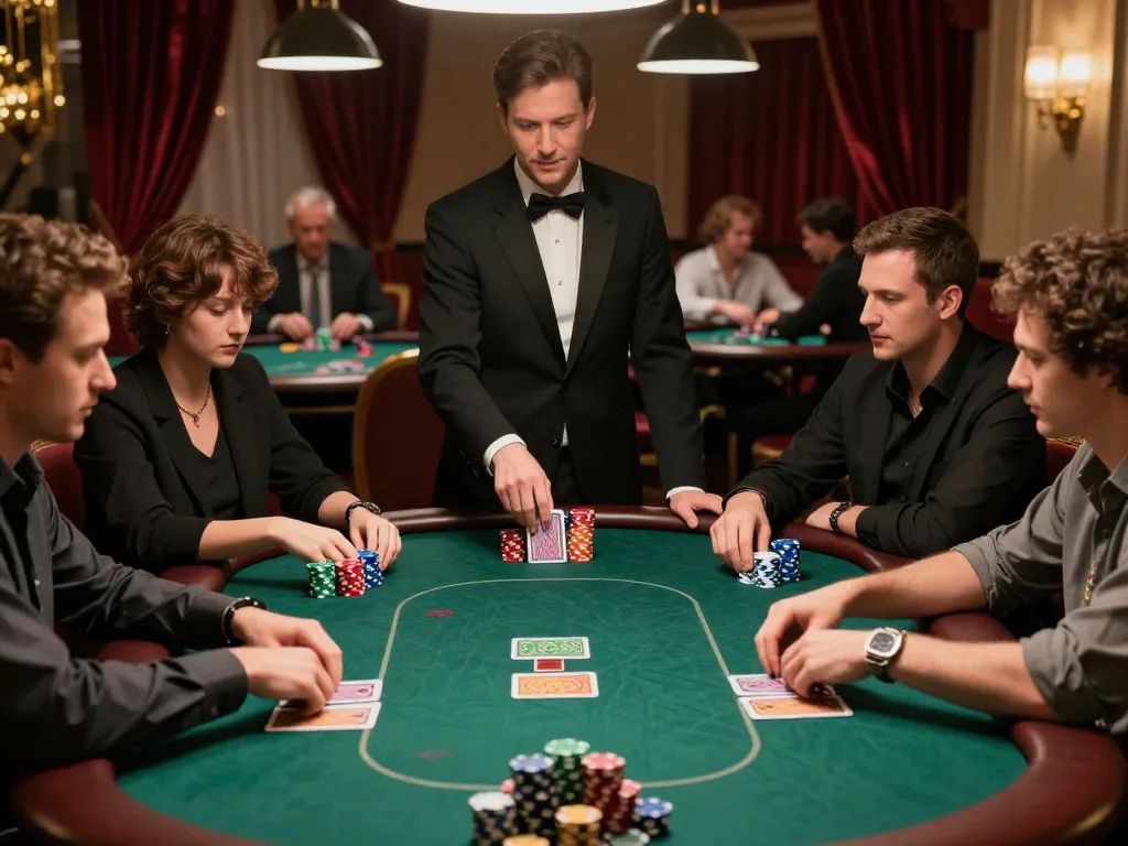 va88 players strategizing during a high-stakes poker game in an upscale casino setting.