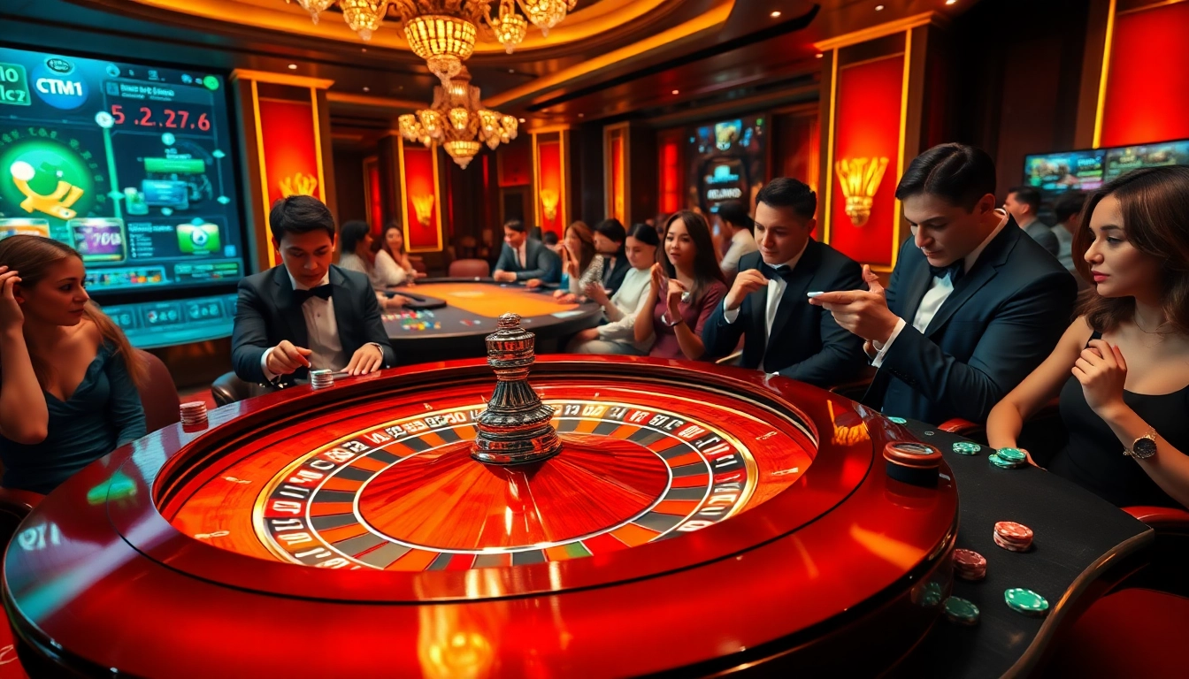 Players enjoying a thrilling roulette experience at https://vin88zone.club/, showcasing excitement in an elegant casino.