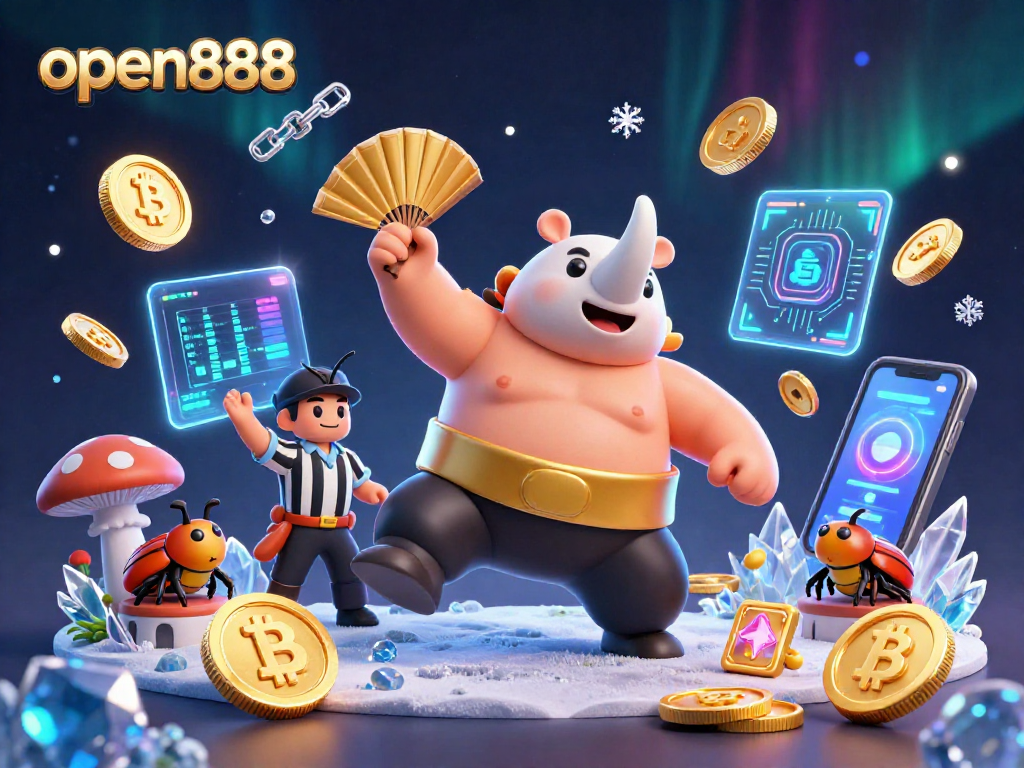 Experience exciting gameplay with open888, featuring a sumo beetle champion amidst vibrant crypto elements.