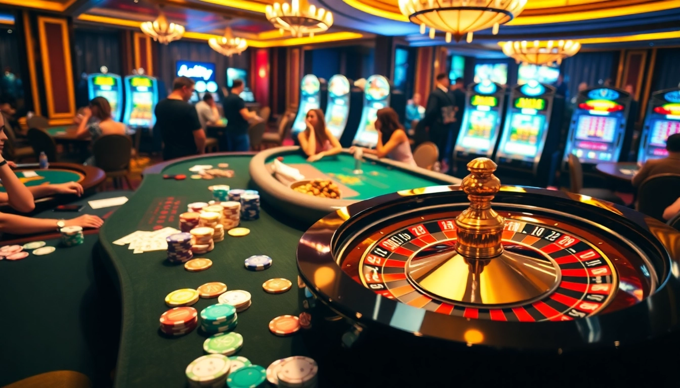 Exciting casino gaming scene showcasing luckywin.uk.net with poker, roulette, and vibrant slot machines.