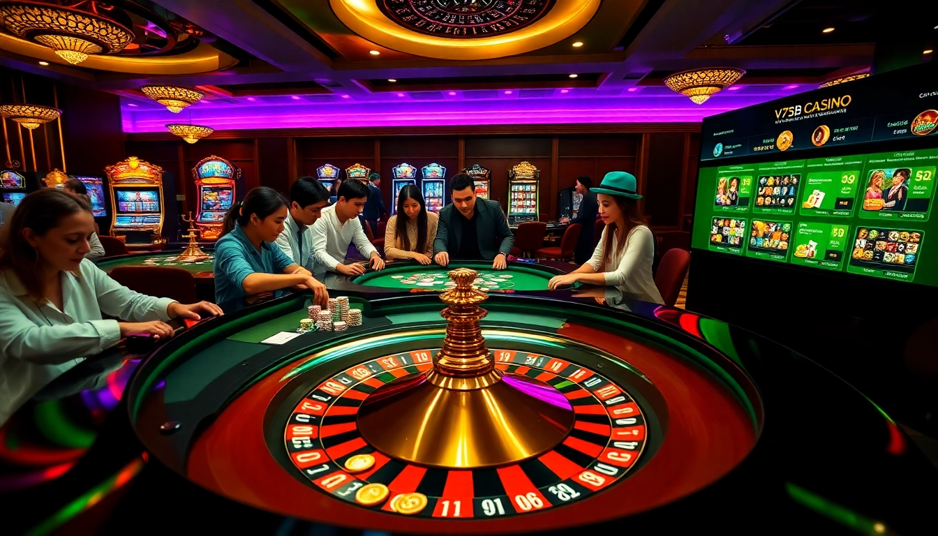 Exciting gaming scene at V7sb casino showcasing roulette, poker, and slot machines.