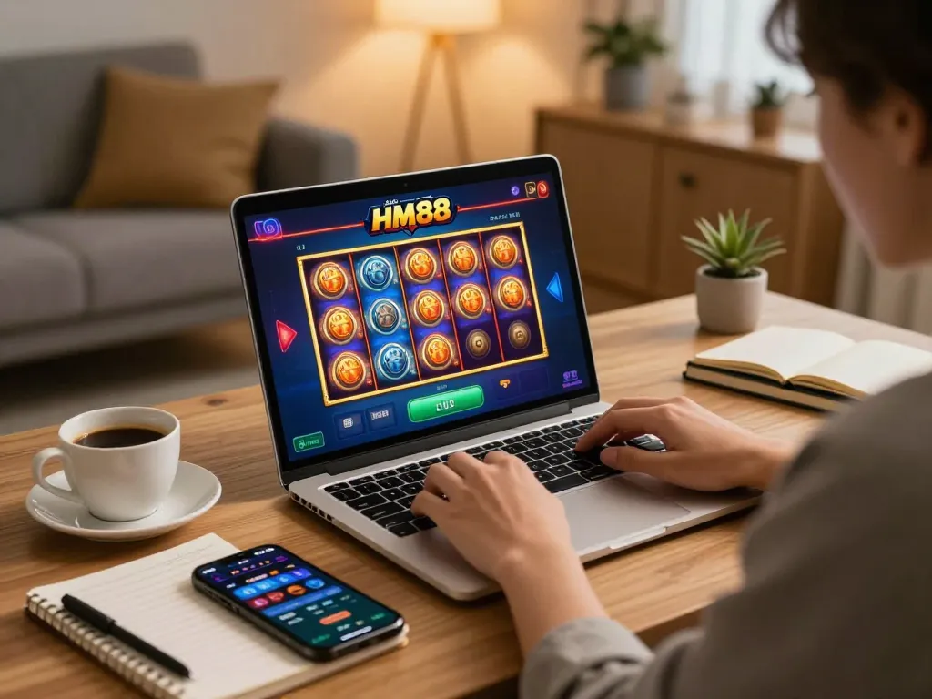 Engaging slot game interface on nhà cái HM88 during a cozy home gaming session.