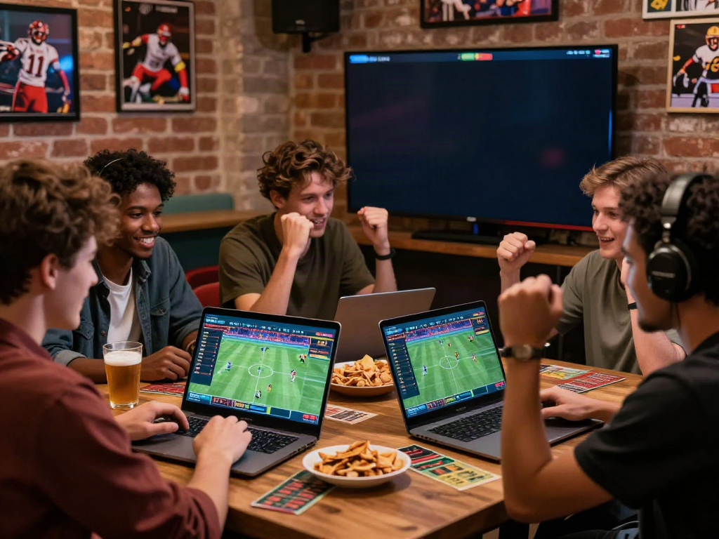 Group of friends enjoying sports betting at 11bet.com in a lively lounge setting.