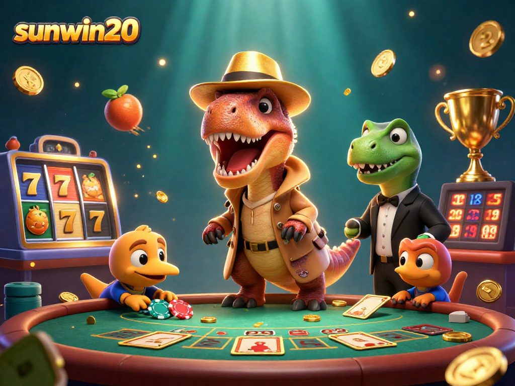 Win big with sunwin20 at an online casino featuring vibrant cartoon dinosaurs in a lively gaming scene.