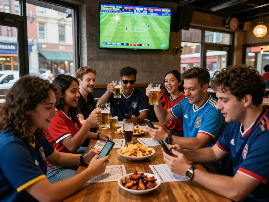 Friends enjoying a lively sports betting experience at a pub focused on 1gom updates during live football matches.