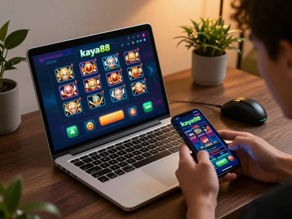 Kaya88 slot player enjoying gaming on laptop with a smartphone in hand, warm and cozy home atmosphere.