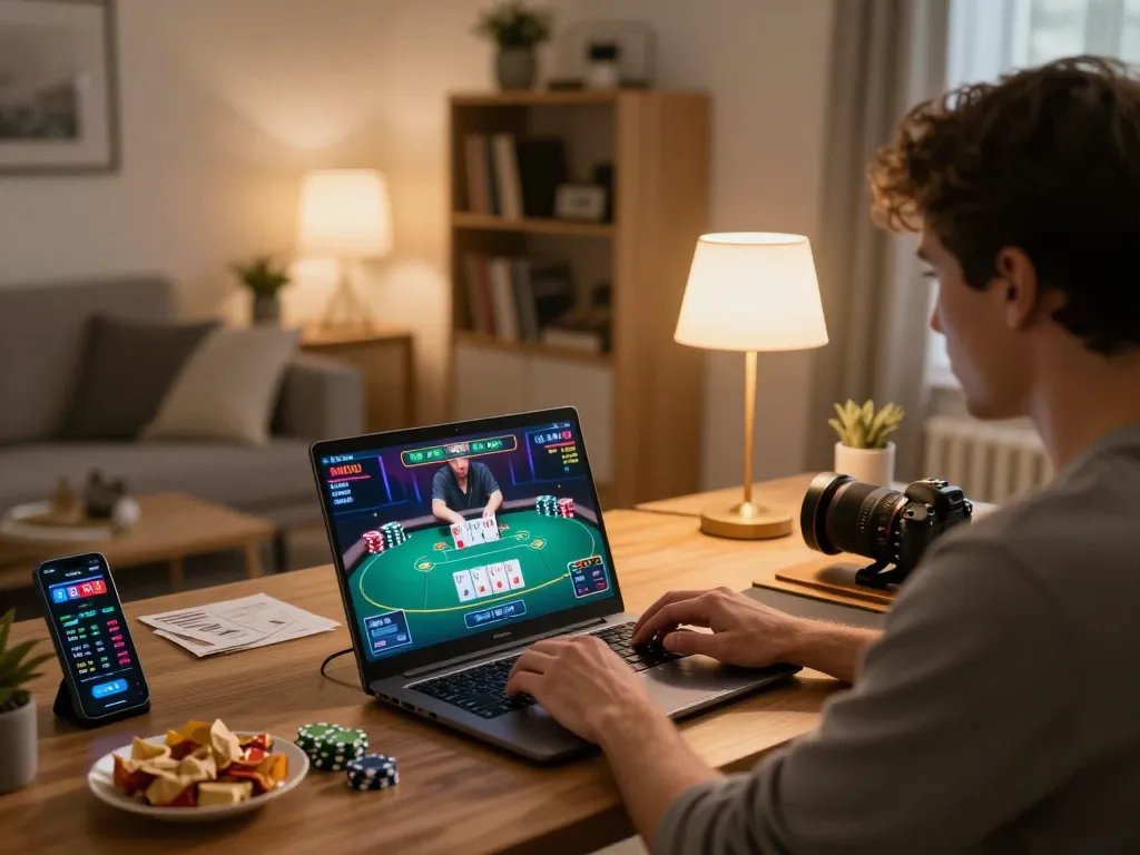 Engaged player enjoying MMOO online casino gaming with poker interface on a laptop