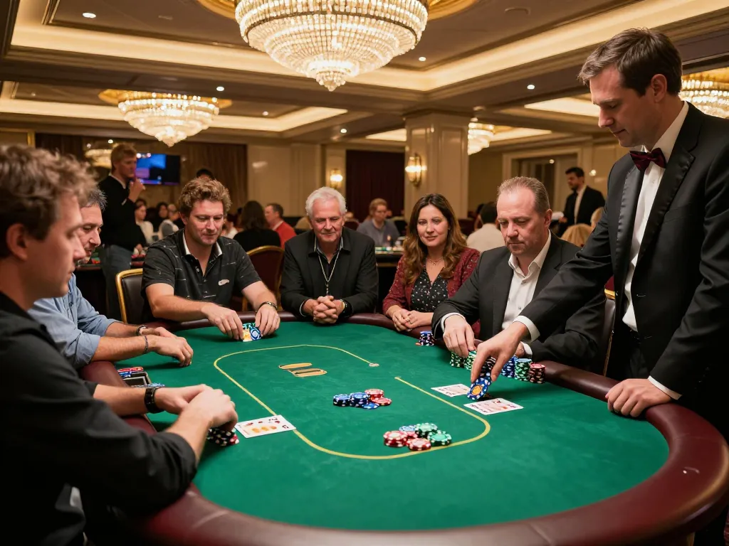 123Win đăng ký enjoying an engaging poker game at a luxurious casino table with players and vibrant atmosphere
