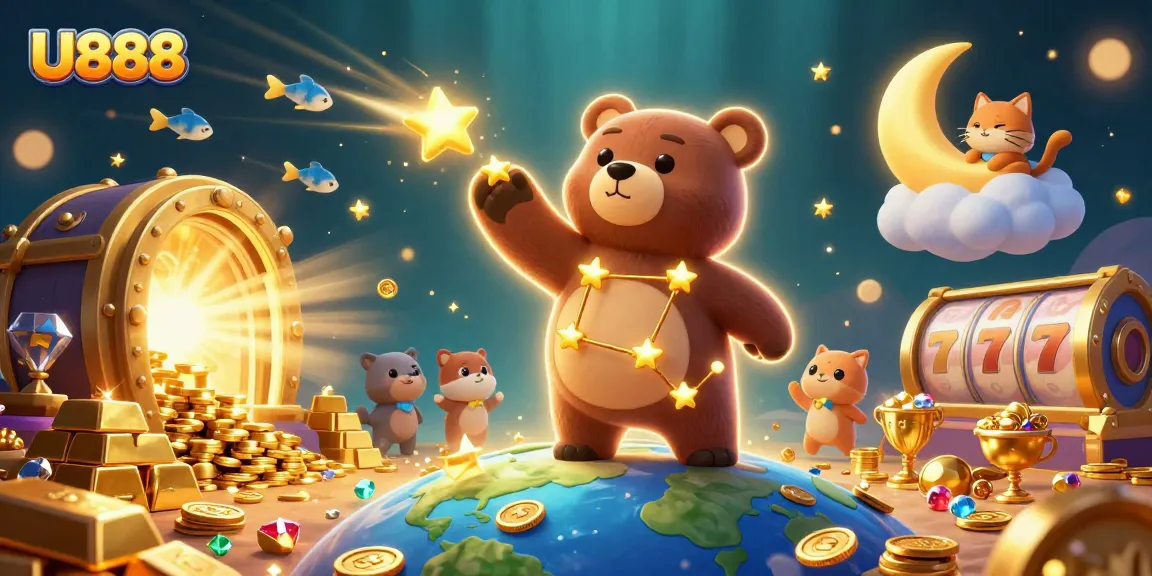 Experience the vibrant U888 slots scene with golden treasures and animated casino characters.