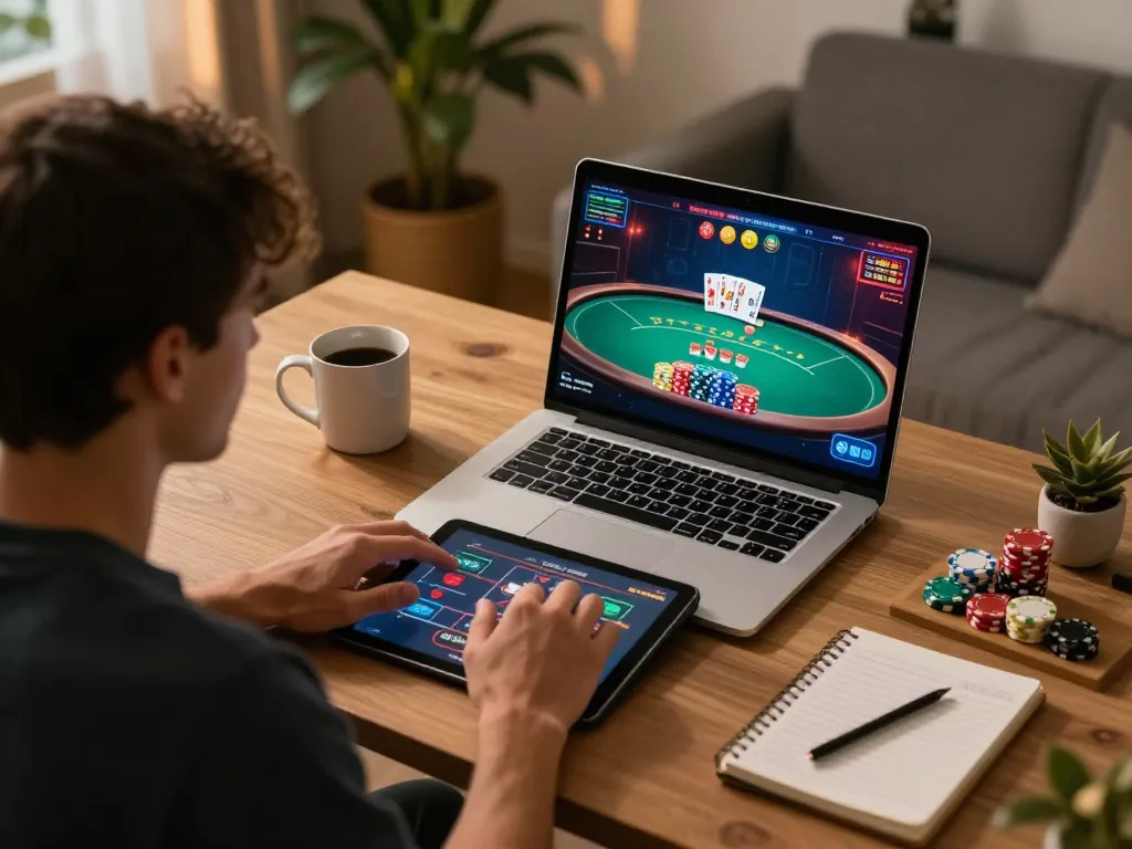 Engaging online poker session at home with twin68 casino games displayed, enhancing strategic gameplay.