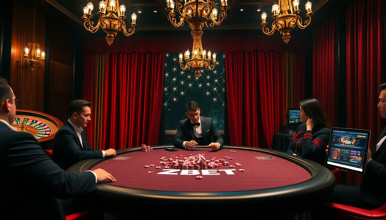 ZBET poker table scene with players immersed in a thrilling casino atmosphere.