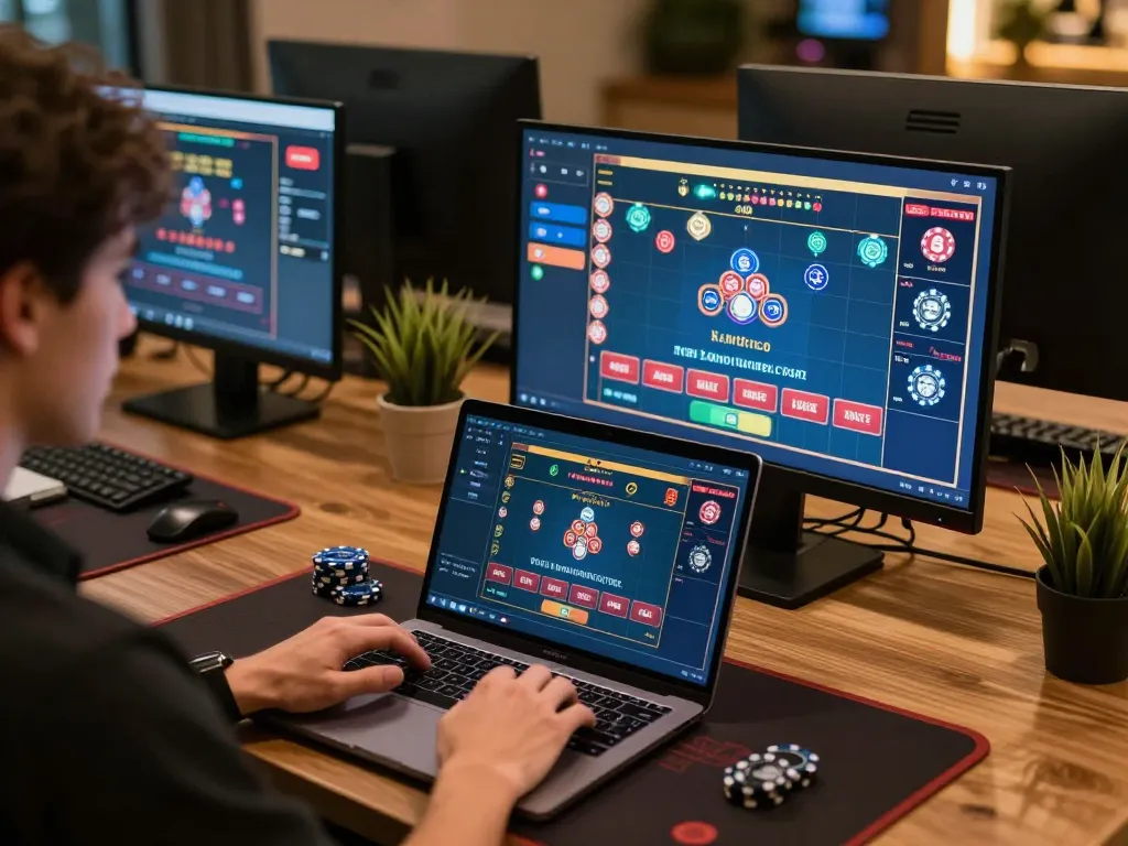 Engaging session at Nhà cái BJ88, showcasing online poker action on laptop with vibrant graphics.