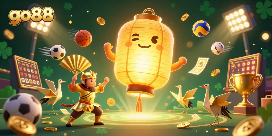 Experience thrilling gameplay at go88, featuring golden lanterns, dynamic sports elements, and casino vibes.