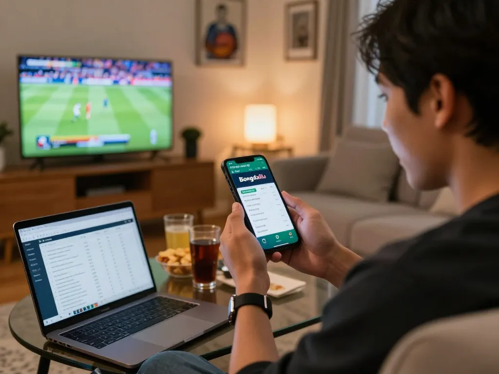 Bongdallu user's intense engagement with sports betting app on smartphone during live match.