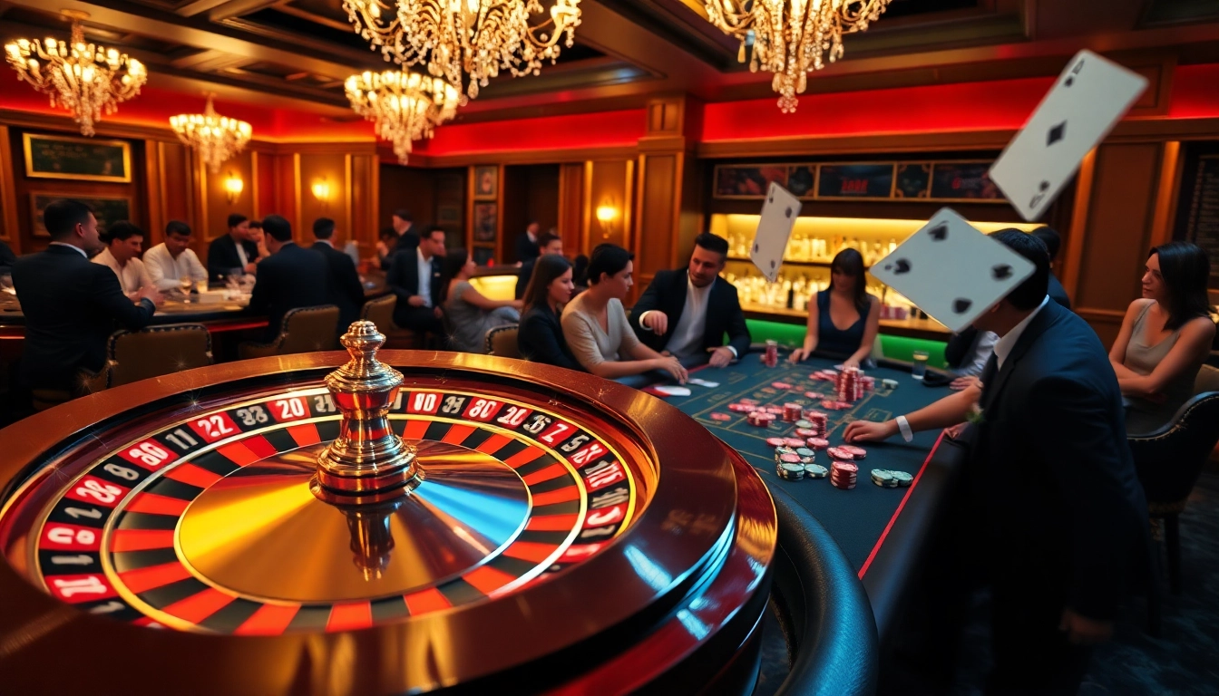 Casino scene featuring spinning roulette wheel and poker action at 789f with elegant players.