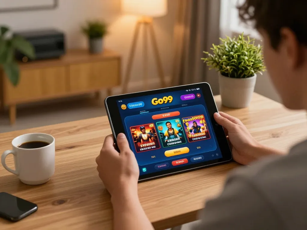 Engaging scene with Go99 casino app on tablet, showcasing mobile gambling excitement.