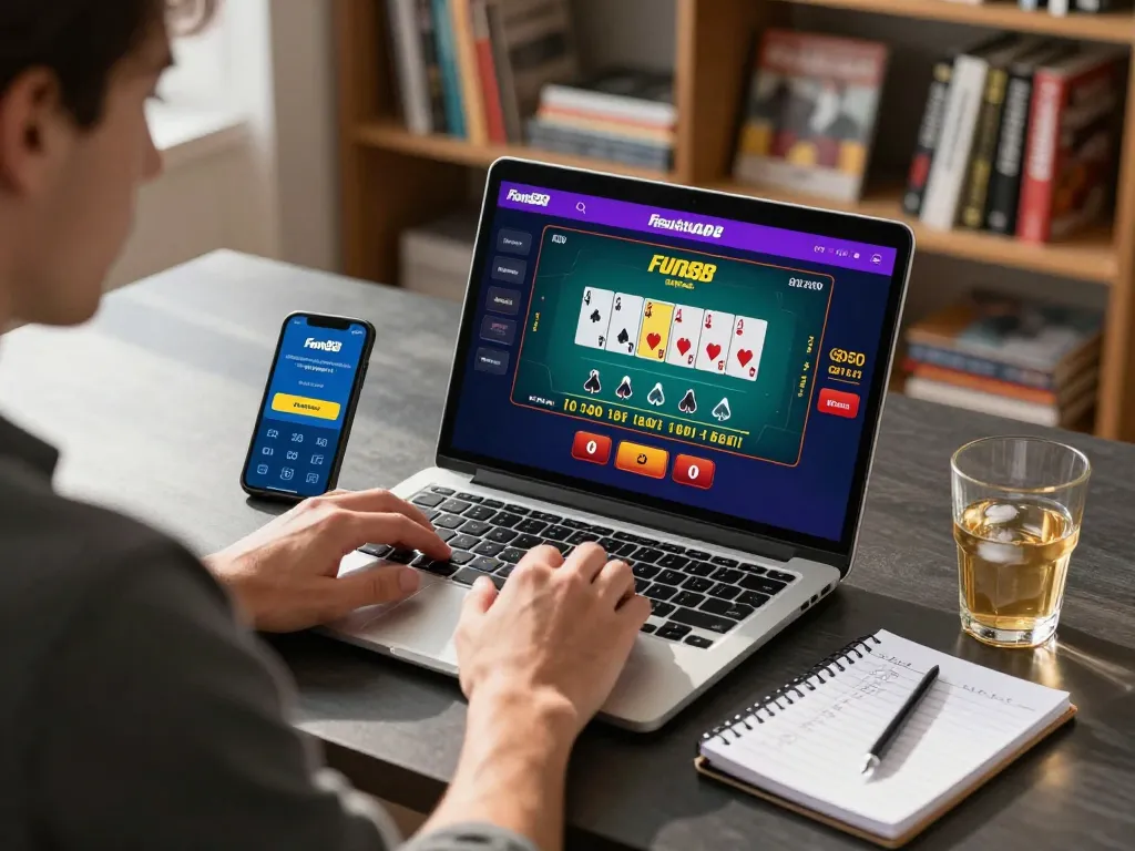 Player engaging in blackjack at https://fun88cd.in.net/, showcasing modern online gaming setup with strategic notes.