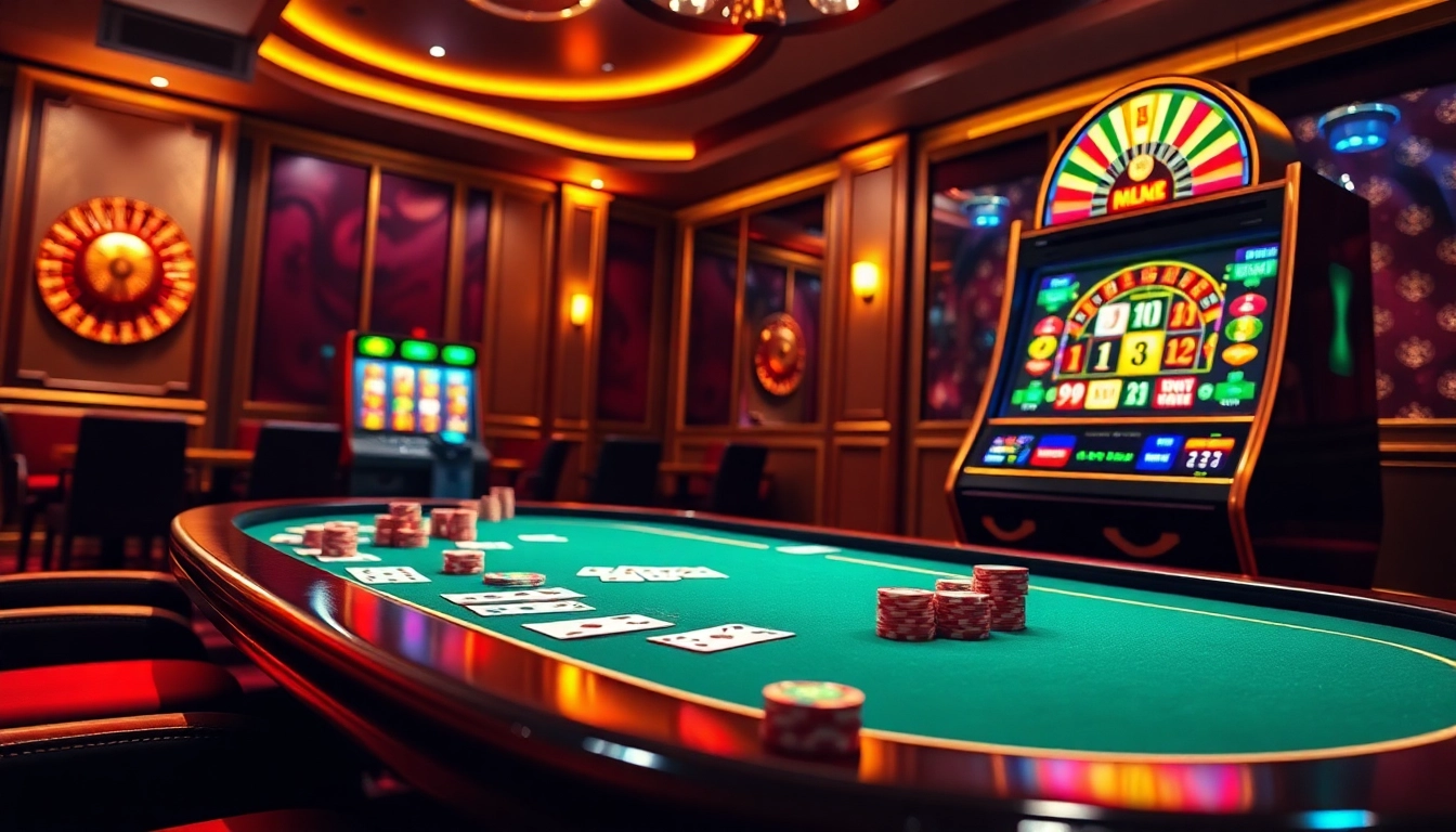Exciting gaming scene at trang chủ OK9 with vibrant poker action, slot machines, and roulette.