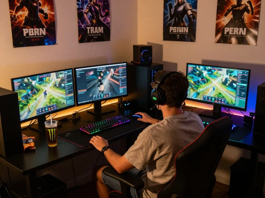 Dynamic gaming setup featuring bomwin gameplay on multiple screens in a cozy room