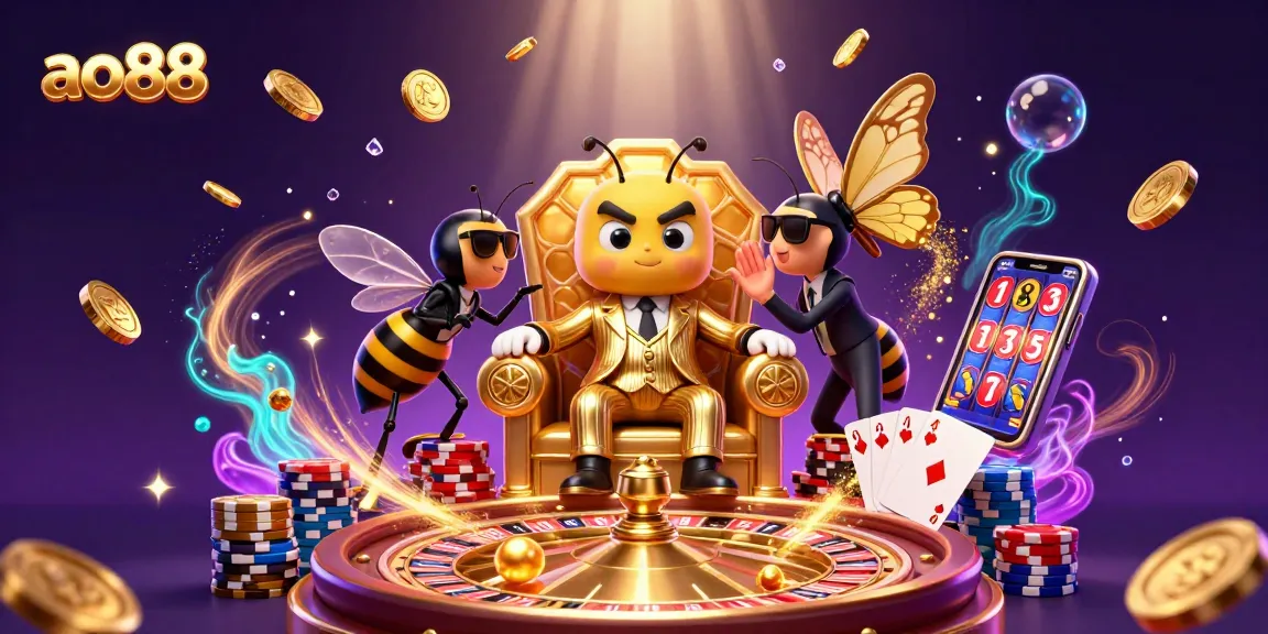 Ao88 showcases excitement with a bumblebee mob boss, wasp guards, and vibrant casino elements.