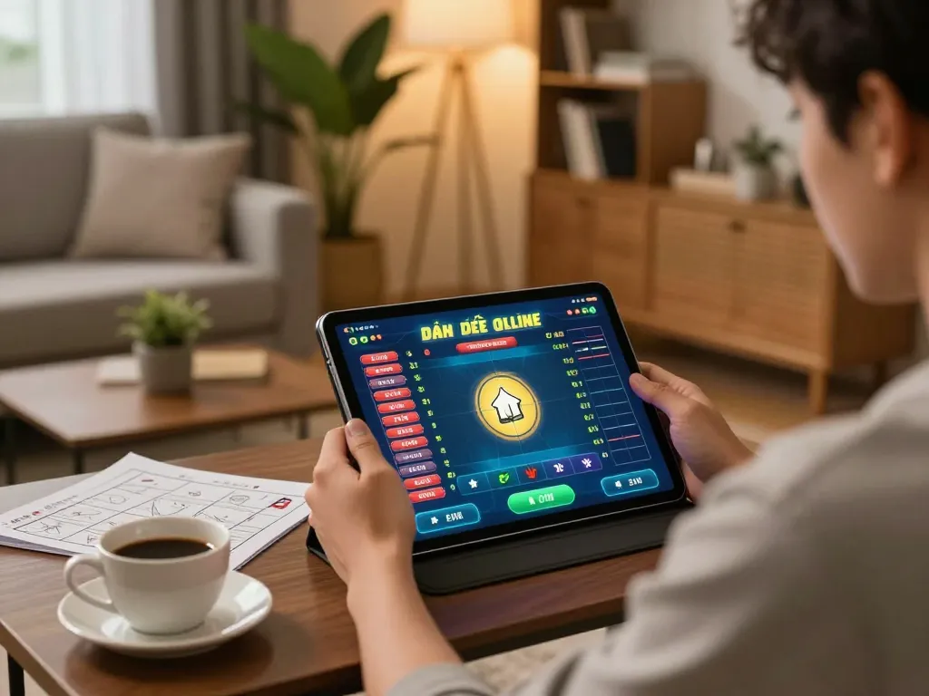 Engaged in đánh đề online from a cozy living room, showing tablet with betting interface